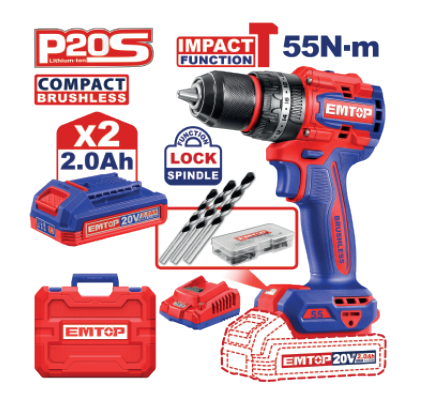 Compact Brushless Cordless Impact Drill with 20V Brushless Motor, 66Nm Max Torque, 0-2000 RPM, Metal Chuck, 13mm Capacity, 2-Speed Gear, Spindle Lock, LED Work Light – Compact and Powerful for Professional Use.